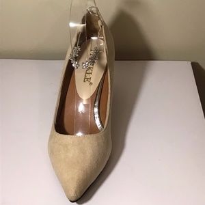 Suede pumps with an faux diamond ankle embellishme